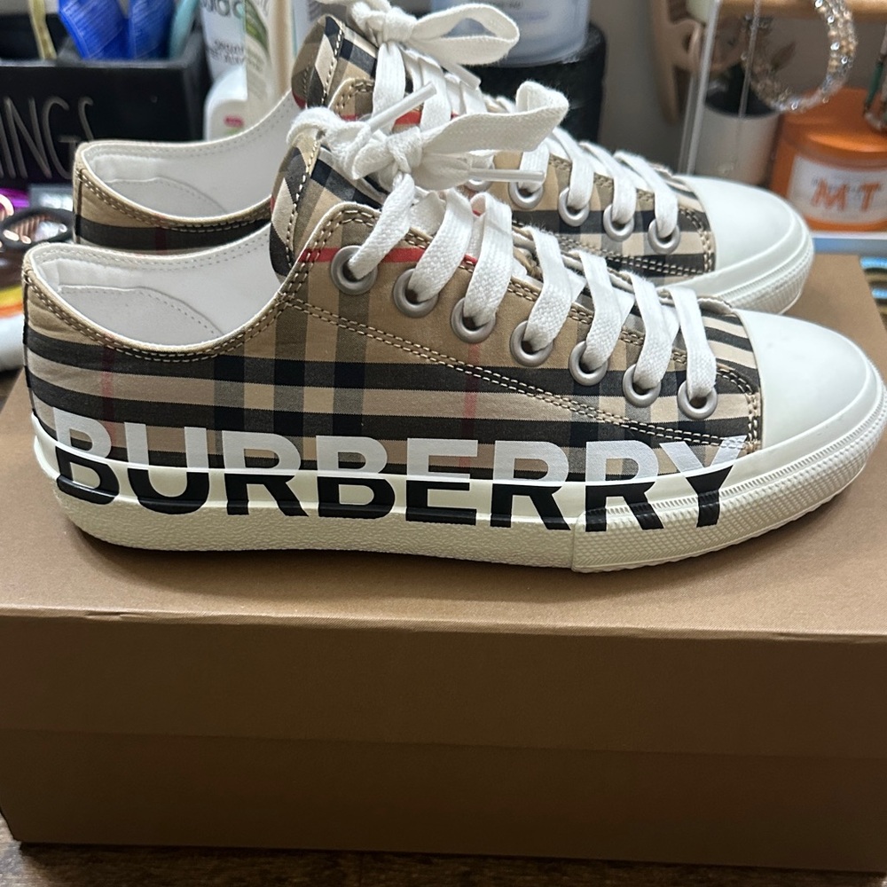 Burberry Beige Plaid Canvas Sneakers